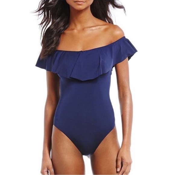 Trina Turk Off The Shoulder Ruffle One Piece Swimsuit Navy Blue 12 - Picture 1 of 8